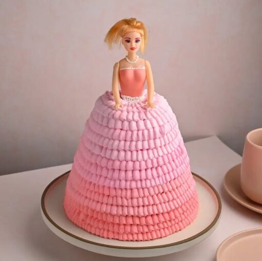 Barbie doll cake with a fluffy, ruffled icing skirt in pastel colors—perfect for a princess-themed birthday.