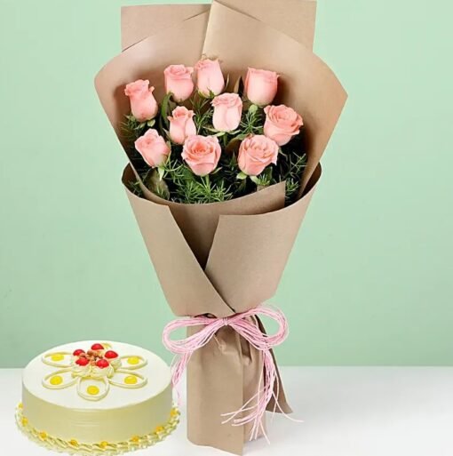 Pastel-colored flower bouquet with a delicious butterscotch cake combo – ideal for gifting.