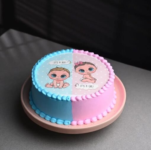 Pastel-themed baby cake with soft pink, blue, and yellow decorations.