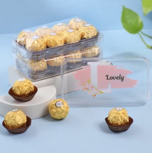 Luxury gift box of 16 Ferrero Rocher chocolates with a gold‑foil personalised sleeve reading “Name"