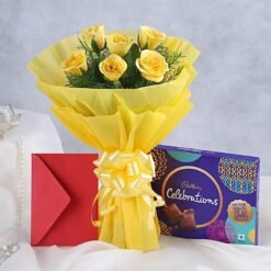 Romantic flower and chocolate gift combo with roses and assorted chocolates.