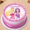 Glam Girls Barbie Cake featuring Barbie dolls in chic outfits surrounded by makeup-themed fondant decorations and glittery accents.