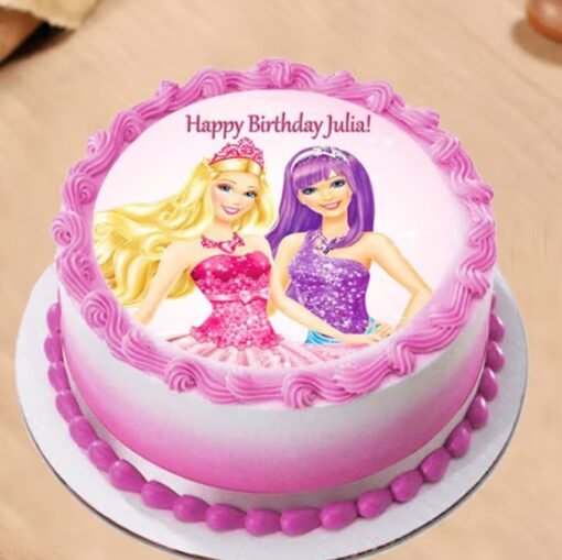 Glam Girls Barbie Cake featuring Barbie dolls in chic outfits surrounded by makeup-themed fondant decorations and glittery accents.