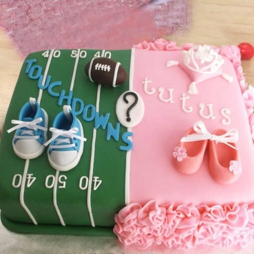 Tiny Kicks Cake featuring baby shoe decorations, ideal for baby showers and newborn celebrations.
