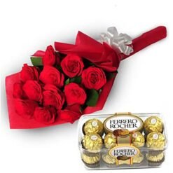 Red roses bouquet paired with Ferrero Rocher chocolates gift combo.
