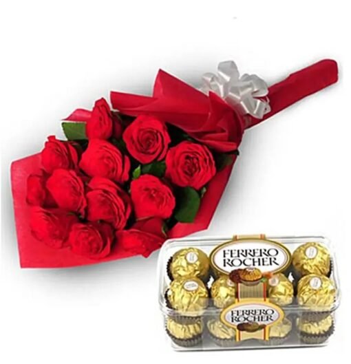 Red roses bouquet paired with Ferrero Rocher chocolates gift combo.