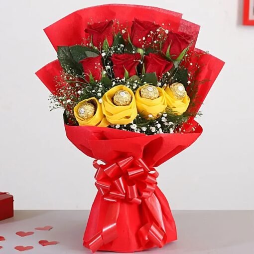 Red roses bouquet with Ferrero Rocher chocolates – romantic floral and chocolate gift combo.