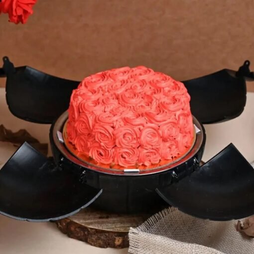 Red Rose Bomb Cake with a rose-shaped outer shell and hidden treats inside, perfect for romantic celebrations.