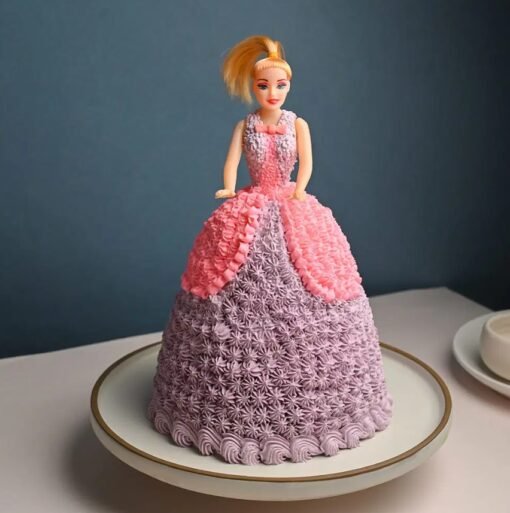 Barbie doll cake with a vibrant multicolored frosting gown, confetti sprinkles, and fondant flowers, ideal for a joyful kids’ birthday.