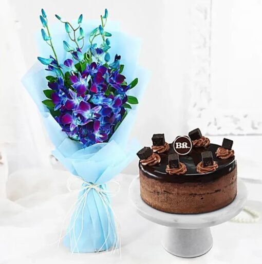 Sapphire blue orchids with chocolate ice cream cake combo gift.
