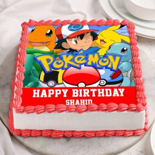 Colorful Pokémon poster-themed cake with Pikachu and other characters, ideal for a fun-filled birthday celebration.