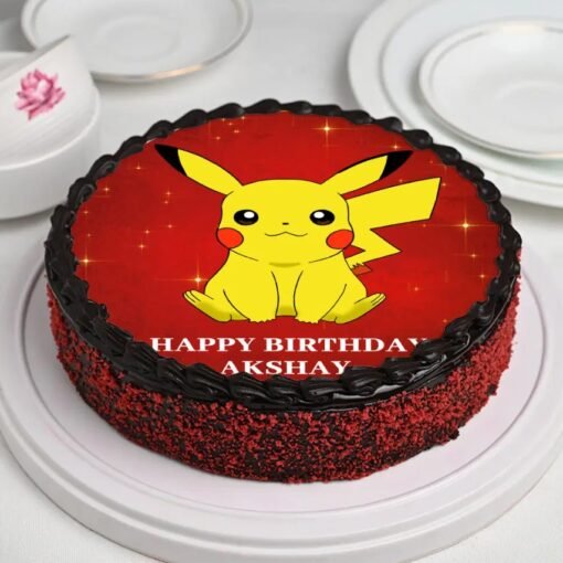Pikachu-themed chocolate truffle velvet cake topped with edible decorations, perfect for a Pokemon-themed birthday celebration.