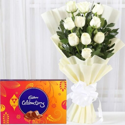 White rose bouquet with Cadbury Celebrations chocolate gift pack.