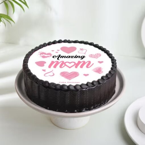 Amazing Mom Chocolate Cake — decadent chocolate cake with elegant decorations and “Amazing Mom” message, perfect for Mother’s Day celebration.