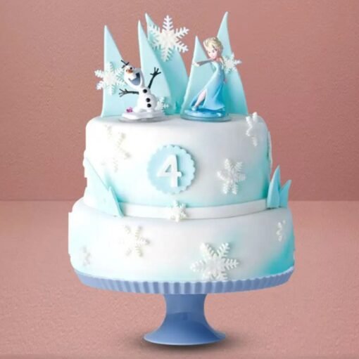 Elsa's Magic Frozen Cake with icy decorations, snowflakes, and Elsa topper, perfect for Frozen-themed events and birthdays.