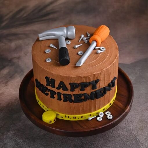 Beautifully decorated Happiness Overflow Retirement Cake with celebratory elements, a heartfelt message, and elegant designs for a retirement party.