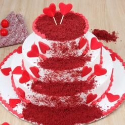 Love Red Velvet Tier Cake with luxurious red layers, creamy frosting, and romantic heart-themed decorations.