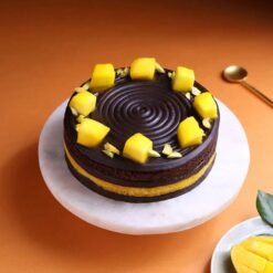 Mango Choco Magic Cake with layers of chocolate sponge and mango cream, garnished with mango chunks and chocolate drizzle.