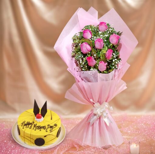 Mother’s Day combo featuring a beautifully decorated cake and a bouquet of fresh roses — perfect for gifting Mom.