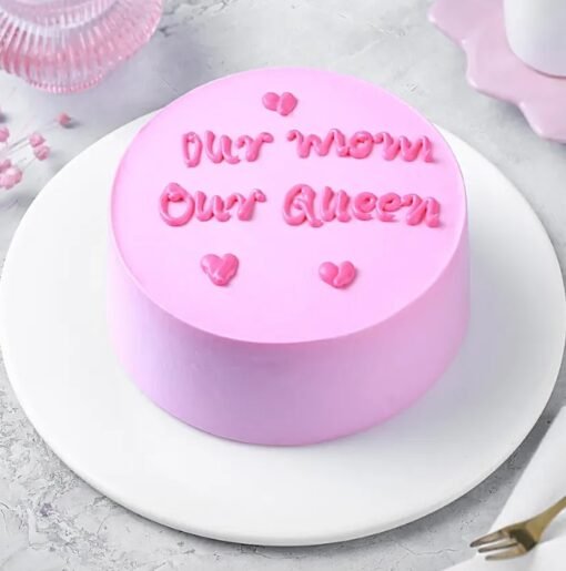 Our Mom Our Queen Cake — elegant cake with a crown topper, royal decorations, and a heartfelt message celebrating Mom as a queen.