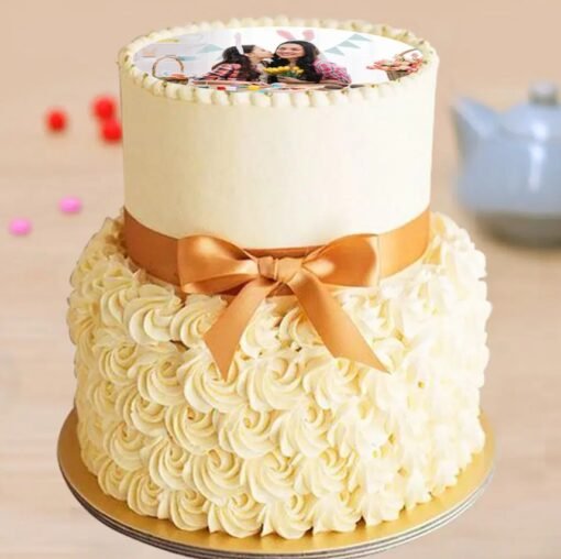 Two-Tier Photo Cake with customized image, beautifully designed to celebrate special moments and add a personal touch to your event.