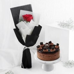 Rose and chocolate ice cream cake combo topped with floral decorations and rich chocolate drizzle.