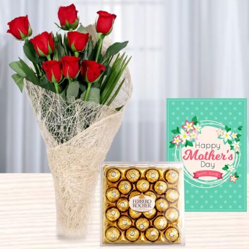 Mother’s Day combo with red roses, assorted chocolates, and a greeting card — a perfect gift set for Mom.