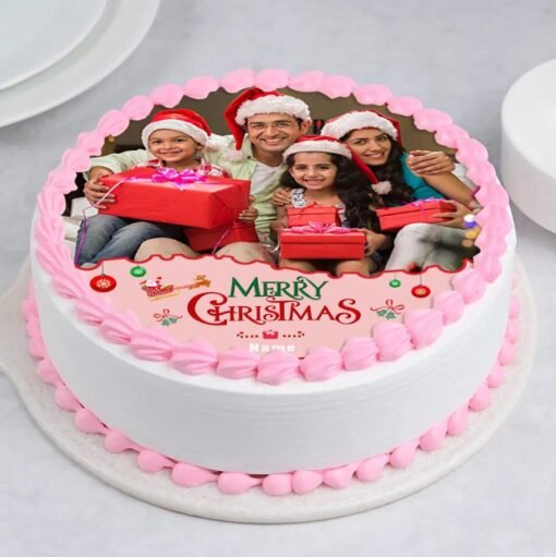 Joyful Christmas Photo Cake with personalized photo design, decorated with festive elements for a cheerful holiday celebration.