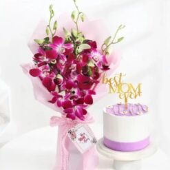 Mother’s Day Orchids Vanilla Cake Combo with fresh purple orchids and a vanilla cake.