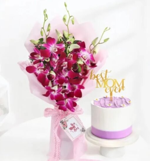 Mother’s Day Orchids Vanilla Cake Combo with fresh purple orchids and a vanilla cake.