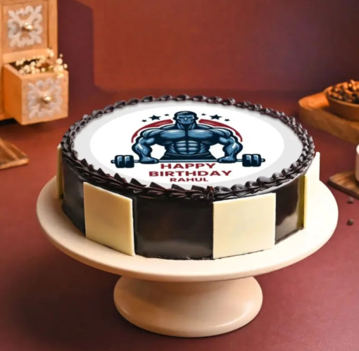 Gym-themed birthday cake with bodybuilder design and fondant weights