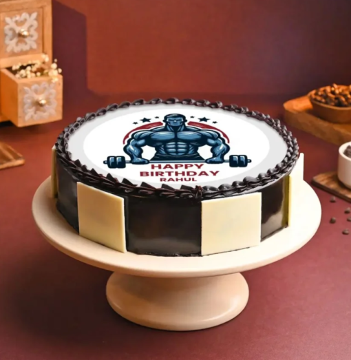 Gym-themed birthday cake with bodybuilder design and fondant weights