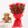 Floral And Teddy Whispers Of Love-gift set of roses and a cute teddy bear