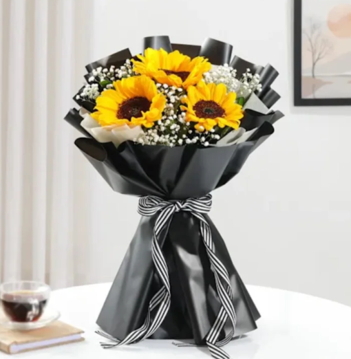 Fresh sunflower bouquet wrapped for gifting