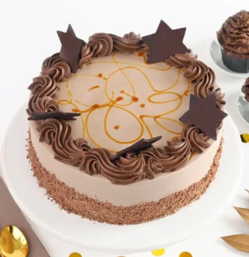 Chocolate cake with star-themed design and frosting