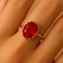 Anti-Tarnish Oval Red Gemstone Ring – Gold Finish