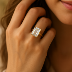 Anti-Tarnish Rectangular Clear Gemstone Ring – Gold Finish