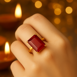 Anti-Tarnish Rectangular Red Gemstone Ring – Gold Finish