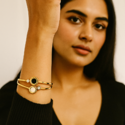 Dual-Tone Enamel & Crystal Accent Anti-Tarnish Gold Cuff Bracelet