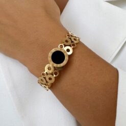 Anti-Tarnish Black Dial Motif Openwork Cuff Bracelet – Gold Finish