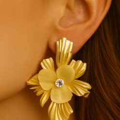 Anti-Tarnish Gold Floral Earrings with Crystal Center
