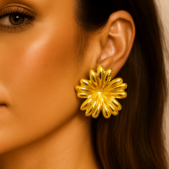 Anti-Tarnish Floral Dome Stud Earrings – Gold Finish
