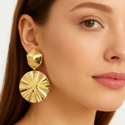 Anti-Tarnish Rippled Disc Statement Earrings – Gold