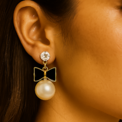 Anti-Tarnish Luxe Bow Pearl Drop Earrings – Gold & Black