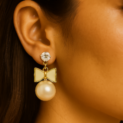 Anti-Tarnish Bow Pearl Drop Earrings – Gold Finish