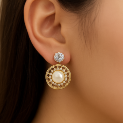 Anti-Tarnish Pearl & Crystal Halo Drop Earrings – Gold Finish