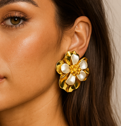 Anti-Tarnish Golden Petal Radiance Earrings – Pearlized White & Amber Center