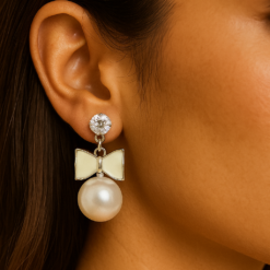 Anti-Tarnish Luxe Bow Pearl Drop Earrings – Silver Finish