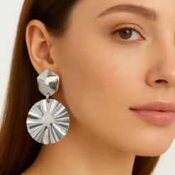 Anti-Tarnish Rippled Disc Statement Earrings – Silver