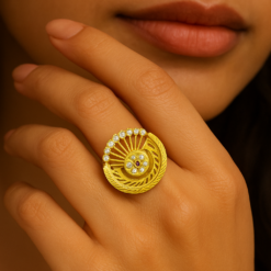 Anti-Tarnish Circular Floral Ruby-CZ Gold-Tone Statement Ring